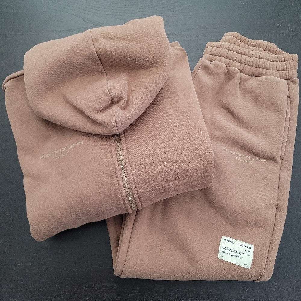 2 Piece Set, Comfrt Teddy Tan Sweatsuit, Straight Leg Sweatpants & Zip Up Hoodie
